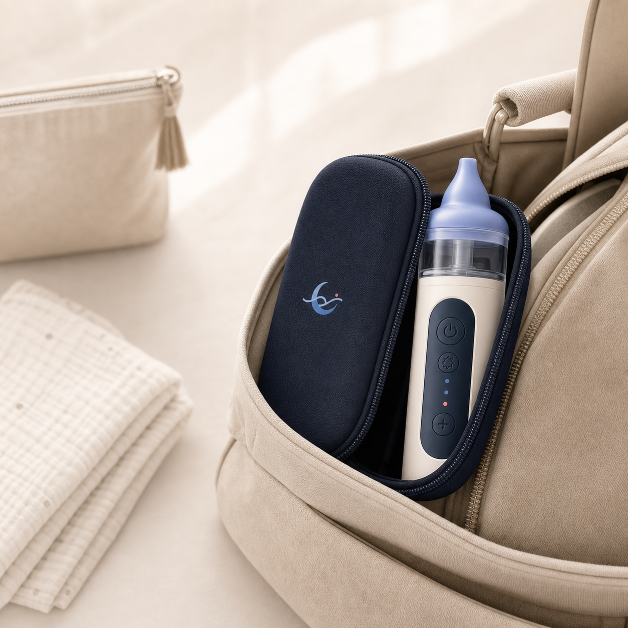 LullaBreeze electric nasal aspirator and carrying case stored in a diaper bag