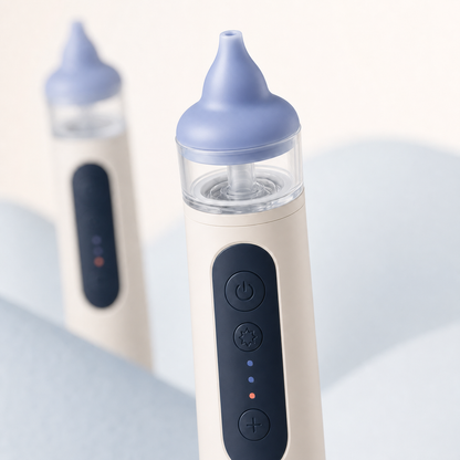 Close-up of the LullaBreeze controls, chamber, and nasal tip