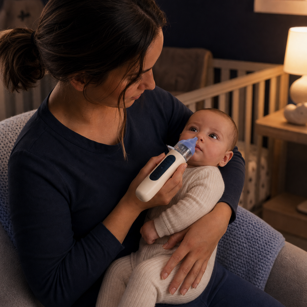 Parent using LullaBreeze one-handed during a nighttime nursery routine