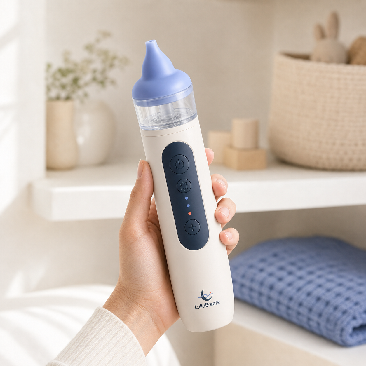 LullaBreeze electric nasal aspirator held comfortably in one hand