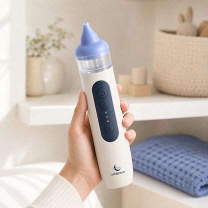 LullaBreeze electric nasal aspirator held comfortably in one hand
